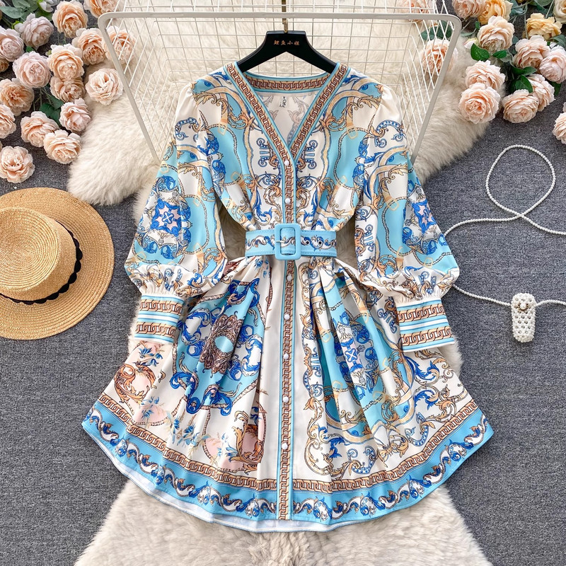 2024-es új tavaszi, nyári virágmintás divatos vintage női, V nyakú, egysoros öves lámpás ujjú alkalmi parti ruhák