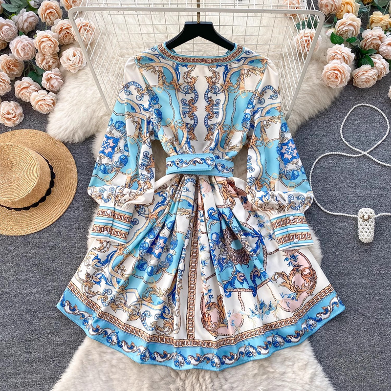 2024-es új tavaszi, nyári virágmintás divatos vintage női, V nyakú, egysoros öves lámpás ujjú alkalmi parti ruhák