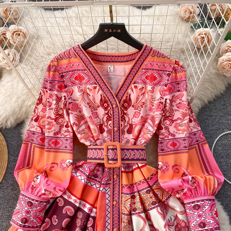 2024-es új tavaszi, nyári virágmintás divatos vintage női, V nyakú, egysoros öves lámpás ujjú alkalmi parti ruhák