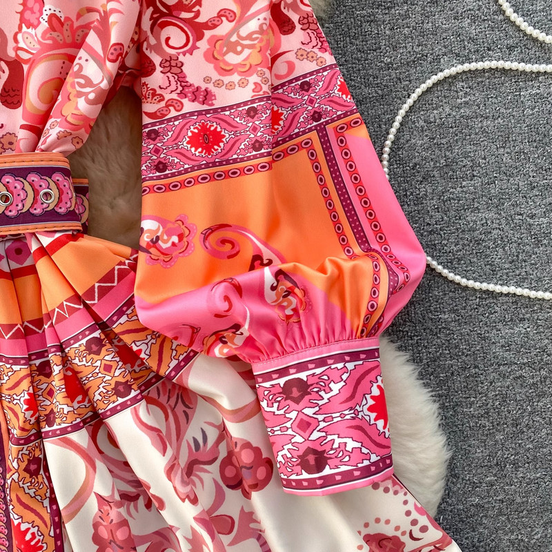 2024-es új tavaszi, nyári virágmintás divatos vintage női, V nyakú, egysoros öves lámpás ujjú alkalmi parti ruhák