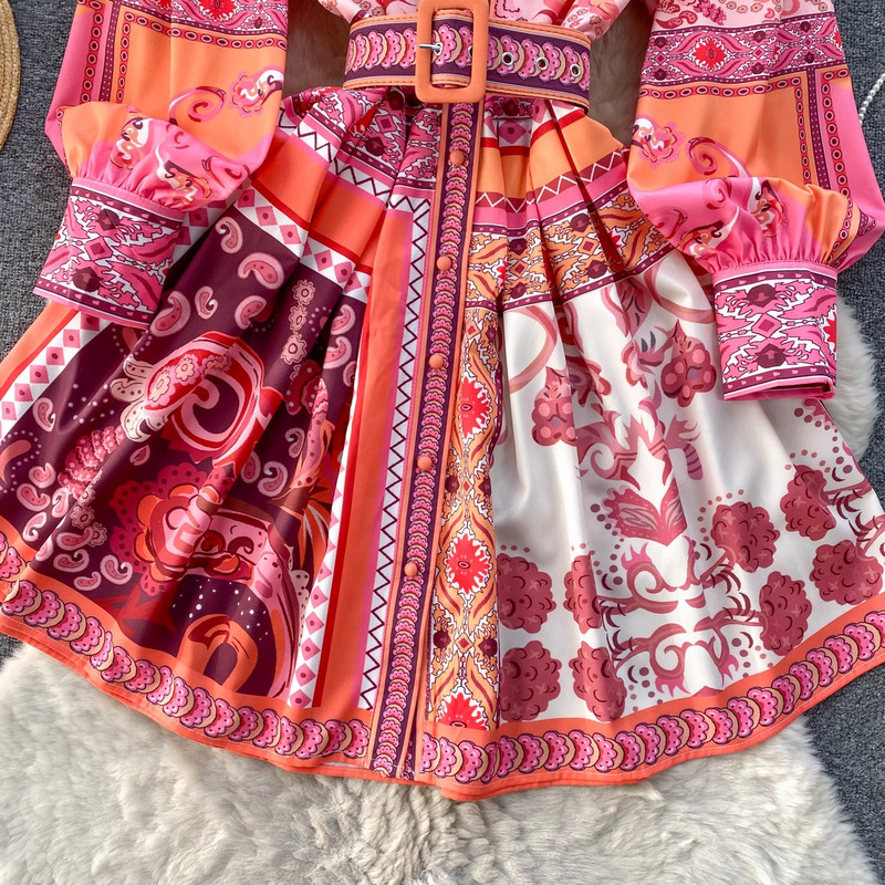 2024-es új tavaszi, nyári virágmintás divatos vintage női, V nyakú, egysoros öves lámpás ujjú alkalmi parti ruhák