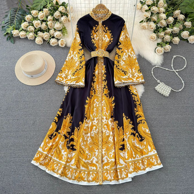 2024-es új Palce-stílusú tavaszi nyár női állógallér, egysoros öv, kiszélesedő ujjú, virágos ünnepi tengerparti maxi ruhák