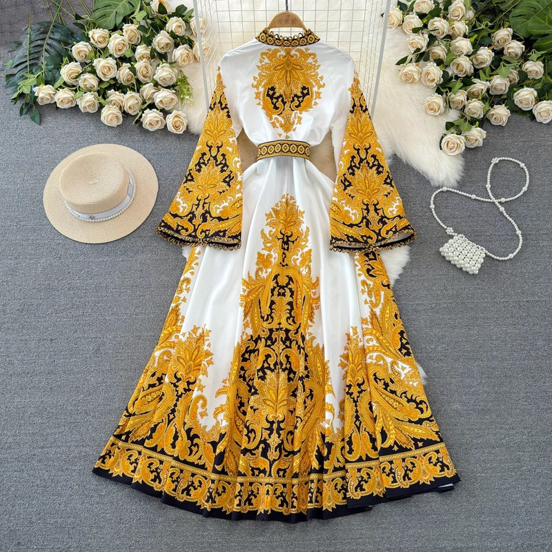 2024-es új Palce-stílusú tavaszi nyár női állógallér, egysoros öv, kiszélesedő ujjú, virágos ünnepi tengerparti maxi ruhák