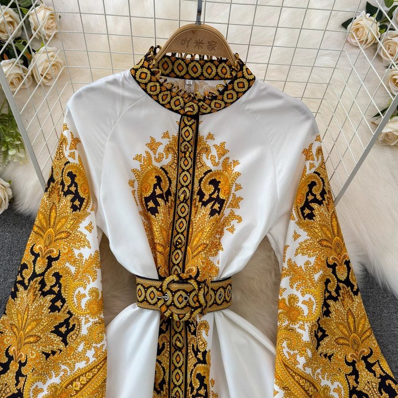 2024-es új Palce-stílusú tavaszi nyár női állógallér, egysoros öv, kiszélesedő ujjú, virágos ünnepi tengerparti maxi ruhák