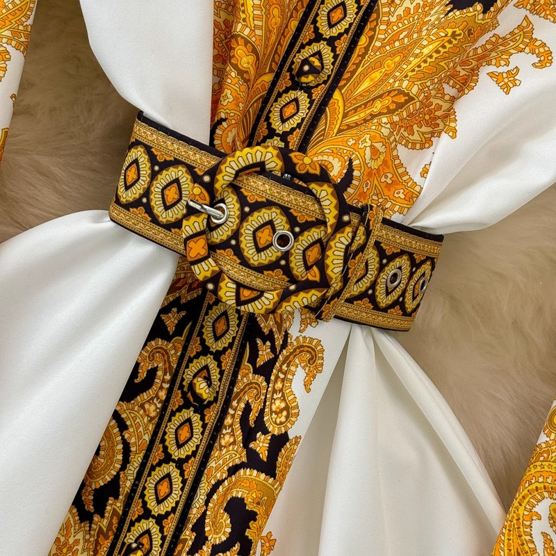 2024-es új Palce-stílusú tavaszi nyár női állógallér, egysoros öv, kiszélesedő ujjú, virágos ünnepi tengerparti maxi ruhák