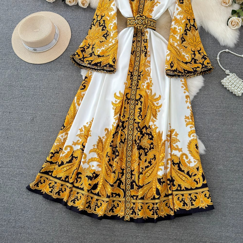 2024-es új Palce-stílusú tavaszi nyár női állógallér, egysoros öv, kiszélesedő ujjú, virágos ünnepi tengerparti maxi ruhák