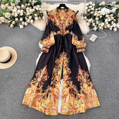 2024-es új tavaszi nyári nyomtatás Palce Style V nyakú lámpás ujjú Beach Holiday Boho divatos vintage maxi ruhák