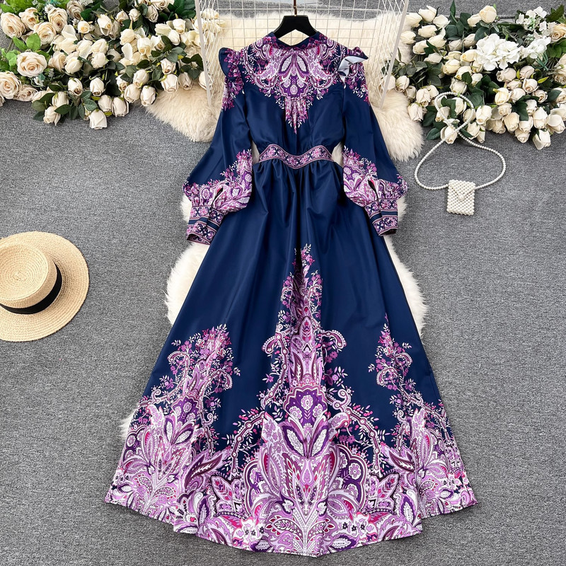 2024-es új tavaszi nyári nyomtatás Palce Style V nyakú lámpás ujjú Beach Holiday Boho divatos vintage maxi ruhák