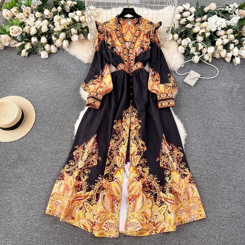 2024-es új tavaszi nyári nyomtatás Palce Style V nyakú lámpás ujjú Beach Holiday Boho divatos vintage maxi ruhák