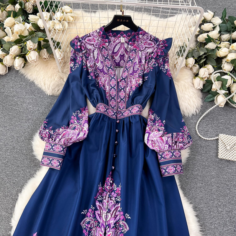 2024-es új tavaszi nyári nyomtatás Palce Style V nyakú lámpás ujjú Beach Holiday Boho divatos vintage maxi ruhák