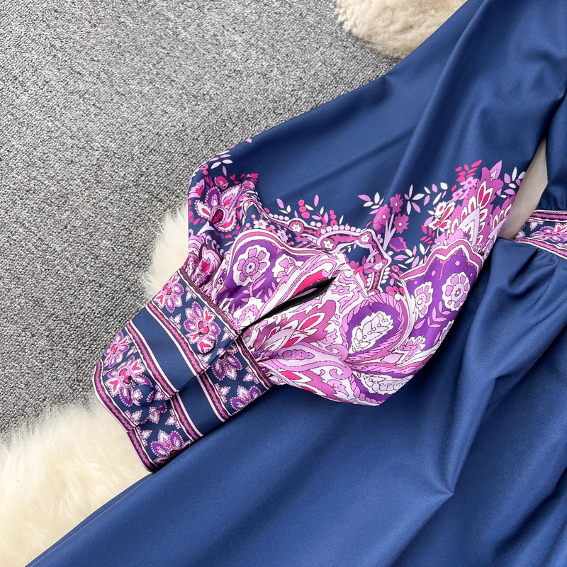 2024-es új tavaszi nyári nyomtatás Palce Style V nyakú lámpás ujjú Beach Holiday Boho divatos vintage maxi ruhák