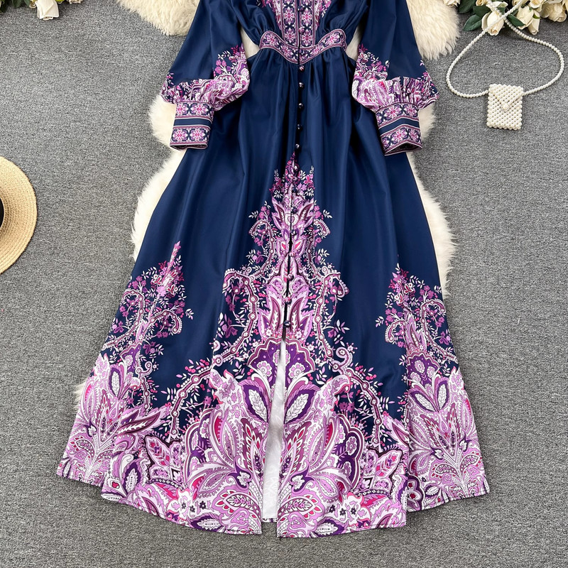 2024-es új tavaszi nyári nyomtatás Palce Style V nyakú lámpás ujjú Beach Holiday Boho divatos vintage maxi ruhák