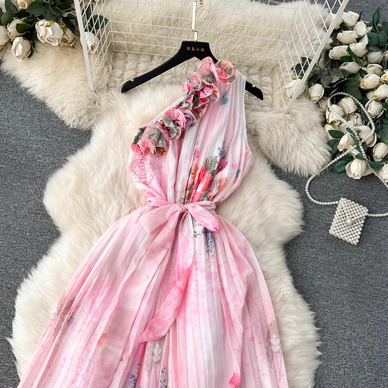 Minőségi divat elegáns női nyári nyomtatás virág aszimmetrikus gallér fodrok, fűzős ujjatlan ünnepi strandruhák