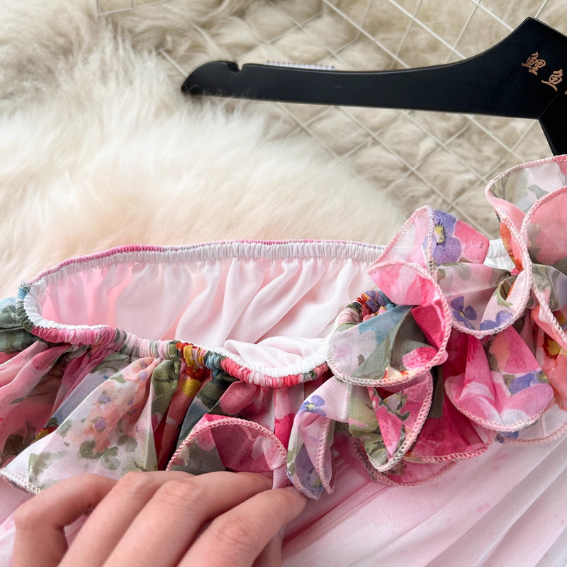 Minőségi divat elegáns női nyári nyomtatás virág aszimmetrikus gallér fodrok, fűzős ujjatlan ünnepi strandruhák