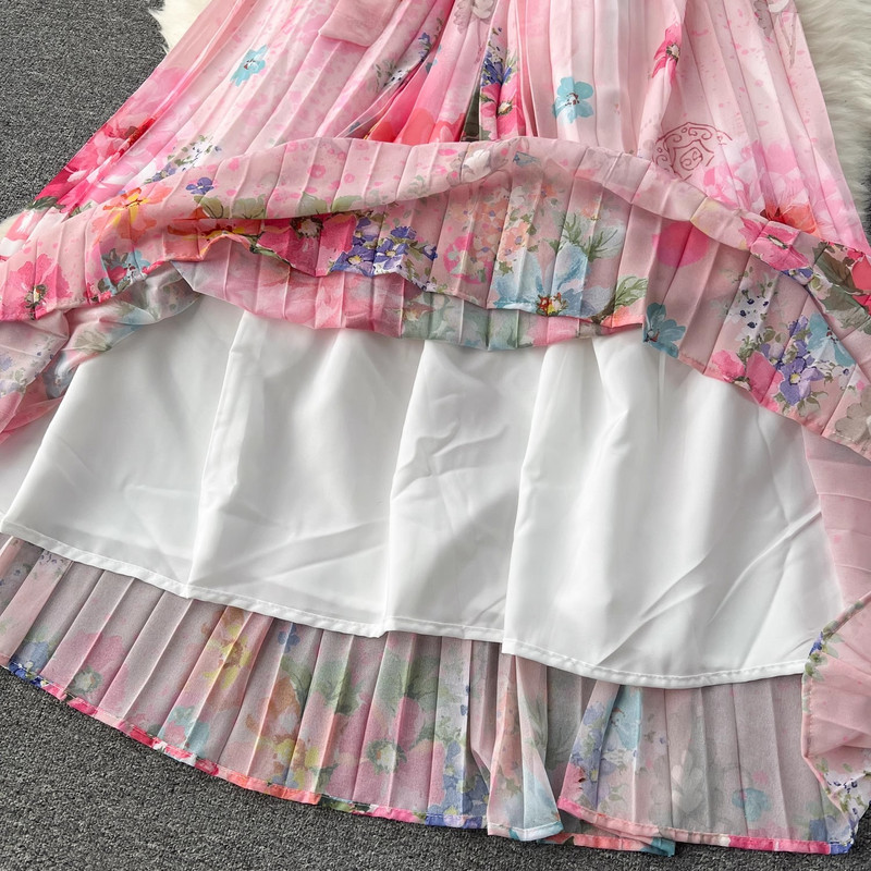 Minőségi divat elegáns női nyári nyomtatás virág aszimmetrikus gallér fodrok, fűzős ujjatlan ünnepi strandruhák