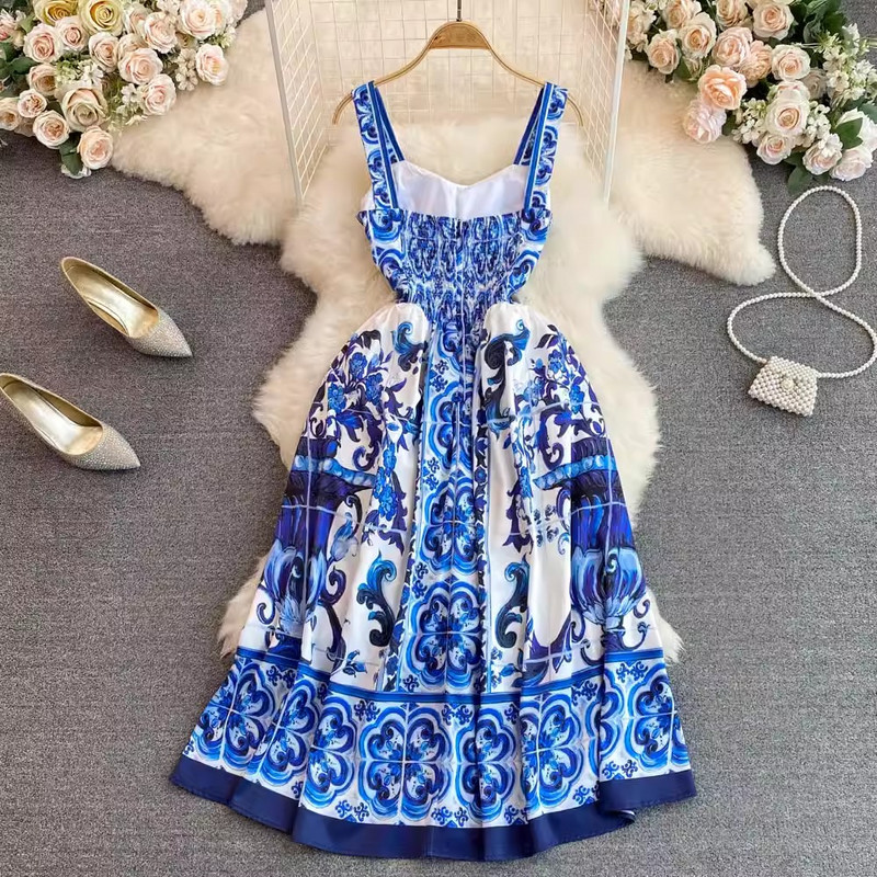 Divat Nyári Ünnep Kék-fehér Porcelán virágmintás pamut női spagetti pántos cipzáras elasztikus hát nélküli midi ruhák