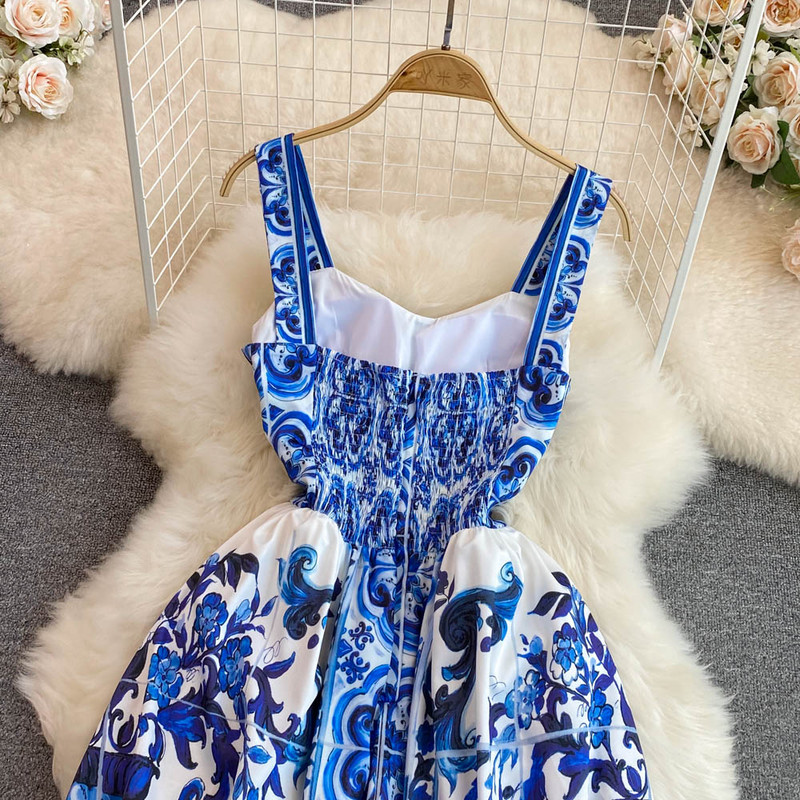 Divat Nyári Ünnep Kék-fehér Porcelán virágmintás pamut női spagetti pántos cipzáras elasztikus hát nélküli midi ruhák