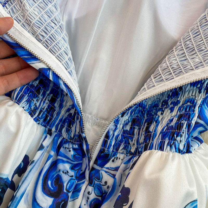 Divat Nyári Ünnep Kék-fehér Porcelán virágmintás pamut női spagetti pántos cipzáras elasztikus hát nélküli midi ruhák