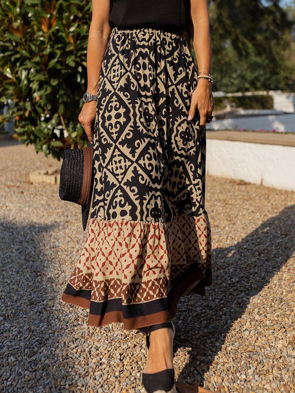 Vintage mintás női nagy lengő szoknyák patchwork fodrok nyári női bő szoknya Utcai viselet alkalmi retro hosszú szoknya Vestido 2023