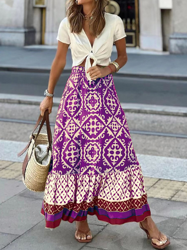 Vintage mintás női nagy lengő szoknyák patchwork fodrok nyári női bő szoknya Utcai viselet alkalmi retro hosszú szoknya Vestido 2023