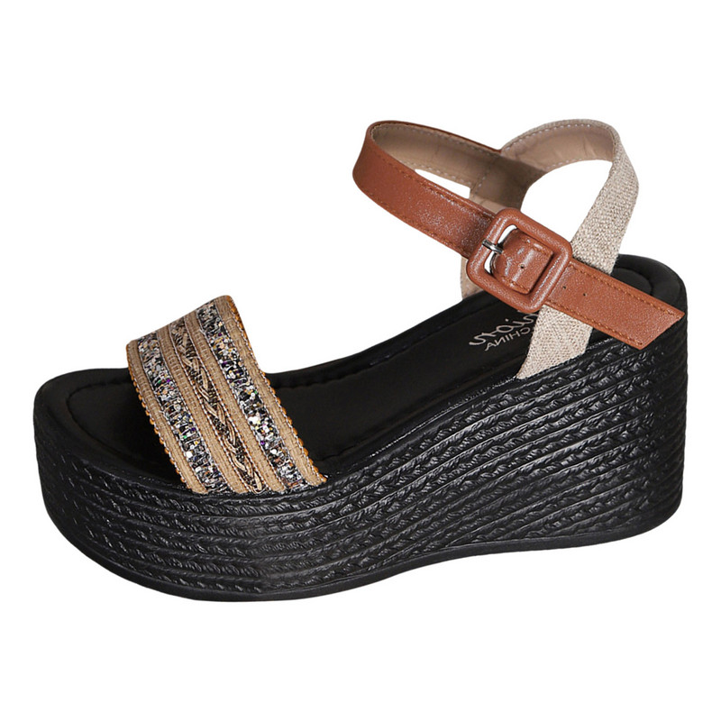 Platform szandálok Női bohém szövésű, nyitott orrú csatszíj lejtős sarok vastag talpú római szandál női kényelmes ruha