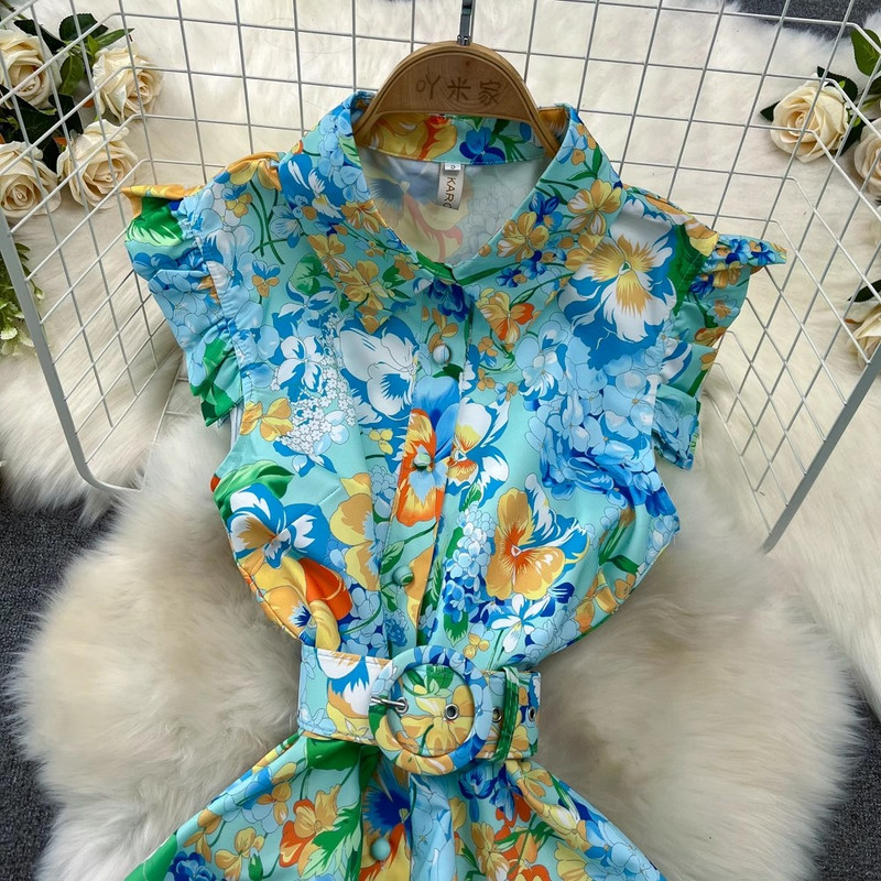 2024-es új nyári női print Palce stílus, lehajtható gallérral, repülő ujjú övvel, egysoros Boho Beach ünnepi ruhák