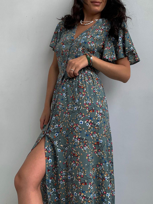 Nyári Midi ruhák Női Hosszú nyomtatás Virágos ruha Divatos V nyakú hasított tunika ruha Alkalmi rövid ujjú Beach A vonalú napruha