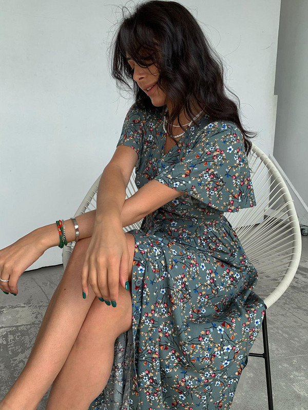 Nyári Midi ruhák Női Hosszú nyomtatás Virágos ruha Divatos V nyakú hasított tunika ruha Alkalmi rövid ujjú Beach A vonalú napruha