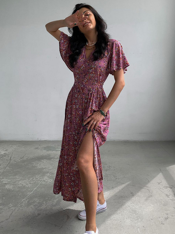 Nyári Midi ruhák Női Hosszú nyomtatás Virágos ruha Divatos V nyakú hasított tunika ruha Alkalmi rövid ujjú Beach A vonalú napruha