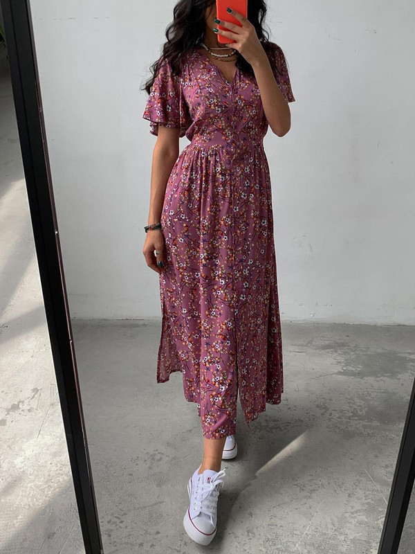 Nyári Midi ruhák Női Hosszú nyomtatás Virágos ruha Divatos V nyakú hasított tunika ruha Alkalmi rövid ujjú Beach A vonalú napruha