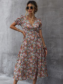 Becsomagoló ruha női koreai elegáns nyári ruha nyomott virágos V-nyakú ruha nőknek alkalmi magas derekú, osztott midi ruha Vestidos