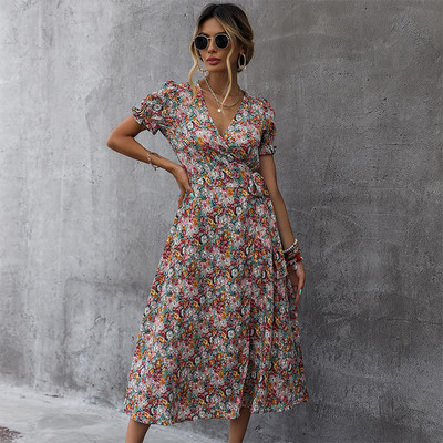 Becsomagoló ruha női koreai elegáns nyári ruha nyomott virágos V-nyakú ruha nőknek alkalmi magas derekú, osztott midi ruha Vestidos