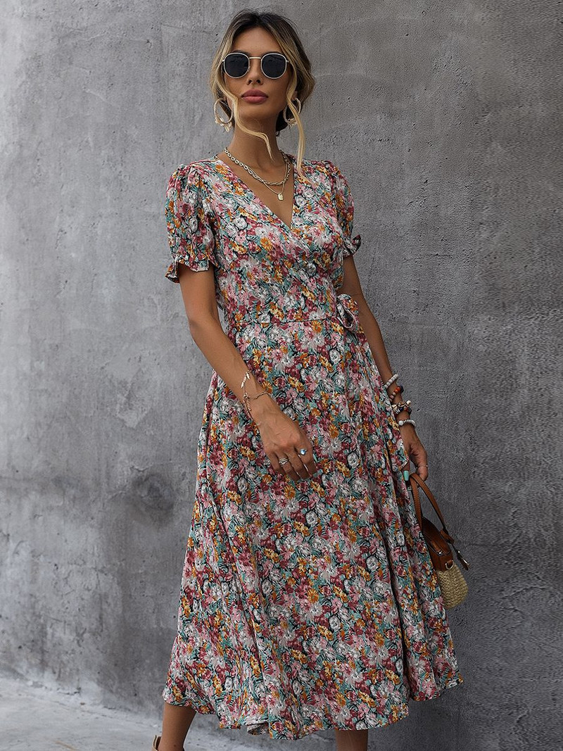 Becsomagoló ruha női koreai elegáns nyári ruha nyomott virágos V-nyakú ruha nőknek alkalmi magas derekú, osztott midi ruha Vestidos