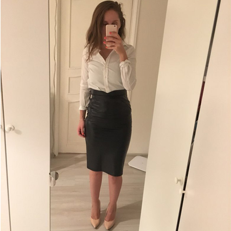 Magas derekú Bodycon szoknyák Utcai ruházat Őszi női Pu műbőr szoknya Feszes sztreccs női ceruza Midi szoknyák