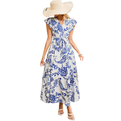 Moda casual imprimeu flori lemn ureche curea cu decolteu in V lung stil de vacanta rochie femeie fusta lunga