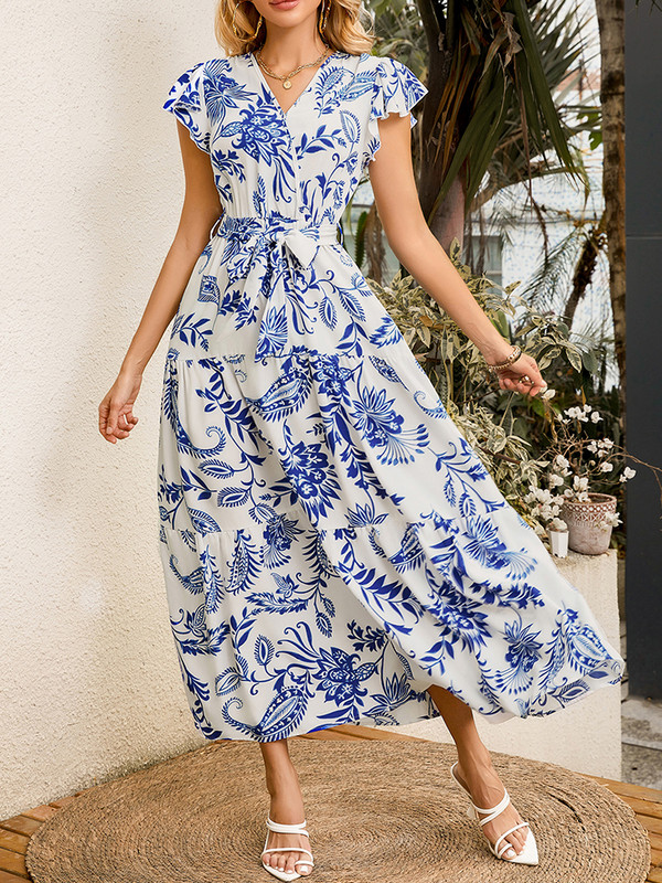 Moda casual imprimeu flori lemn ureche curea cu decolteu in V lung stil de vacanta rochie femeie fusta lunga