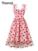 Tonval Sweetheart nyakú eperhálós hosszú női ruhák csomós pántos magas derekú vintage midi hajtogatott parti flitteres ruha