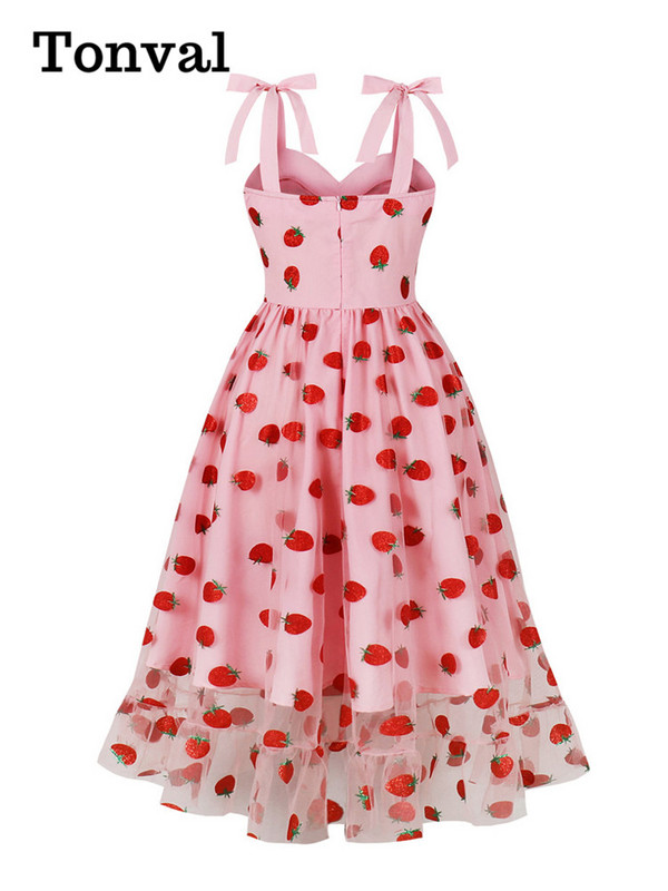 Tonval Sweetheart nyakú eperhálós hosszú női ruhák csomós pántos magas derekú vintage midi hajtogatott parti flitteres ruha