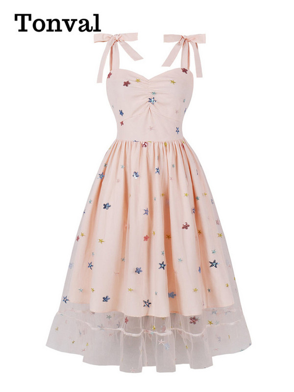 Tonval Sweetheart nyakú eperhálós hosszú női ruhák csomós pántos magas derekú vintage midi hajtogatott parti flitteres ruha