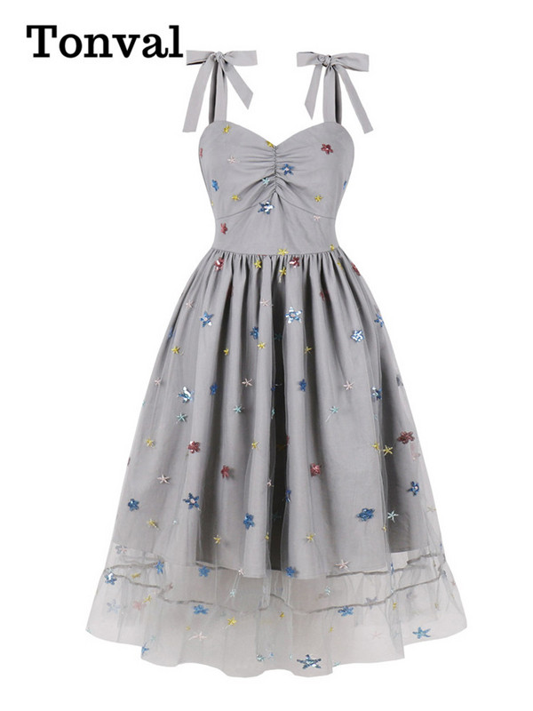 Tonval Sweetheart nyakú eperhálós hosszú női ruhák csomós pántos magas derekú vintage midi hajtogatott parti flitteres ruha