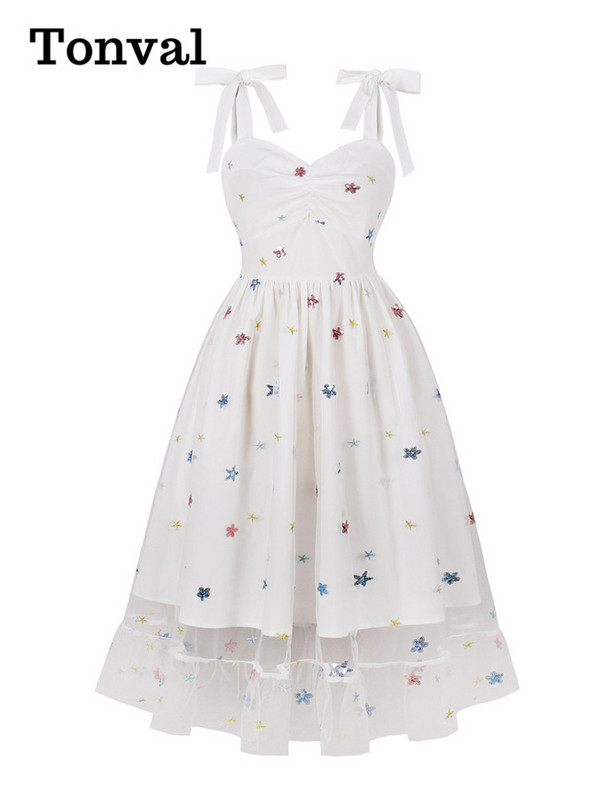 Tonval Sweetheart nyakú eperhálós hosszú női ruhák csomós pántos magas derekú vintage midi hajtogatott parti flitteres ruha