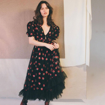 2024. aasta maasikakleit naiste suvine sügav V-puhv varrukas Sweet Voile võrgust litrid Tikandid Prantsuse peokleidid 4XL 5XL