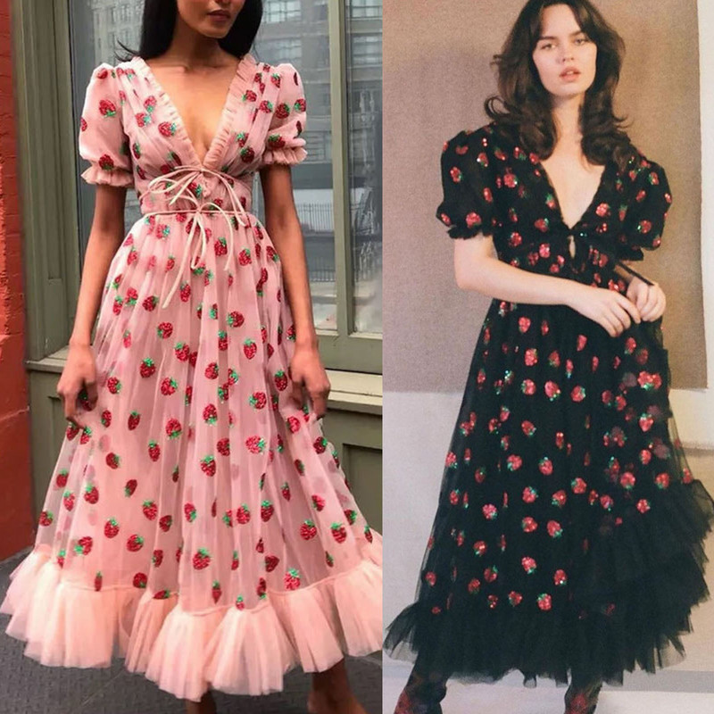 2024. aasta maasikakleit naiste suvine sügav V-puhv varrukas Sweet Voile võrgust litrid Tikandid Prantsuse peokleidid 4XL 5XL