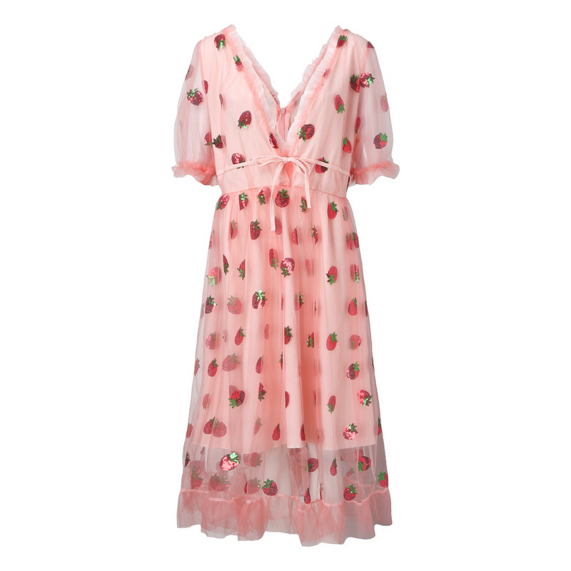 2024. aasta maasikakleit naiste suvine sügav V-puhv varrukas Sweet Voile võrgust litrid Tikandid Prantsuse peokleidid 4XL 5XL