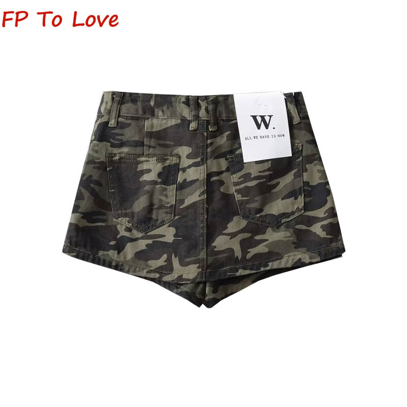 OOTD Mini pantaloni scurți din denim Fusta de bază, largi, sexy, de stradă, pentru femei, camuflaj, verde, de calitate, de primăvară.