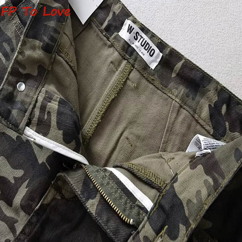 OOTD Mini pantaloni scurți din denim Fusta de bază, largi, sexy, de stradă, pentru femei, camuflaj, verde, de calitate, de primăvară.