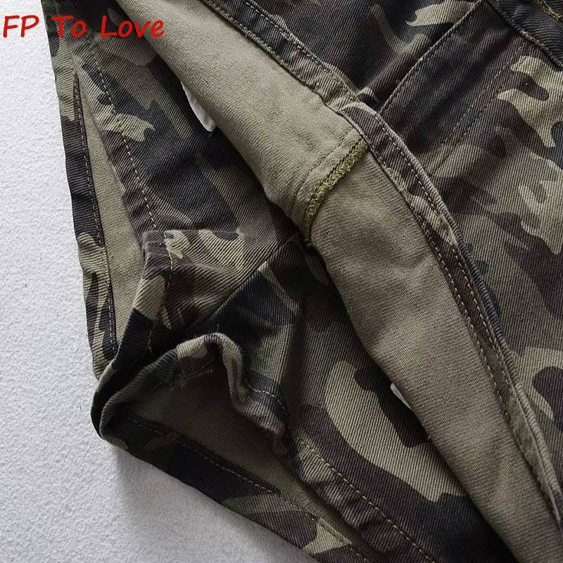 OOTD Mini pantaloni scurți din denim Fusta de bază, largi, sexy, de stradă, pentru femei, camuflaj, verde, de calitate, de primăvară.