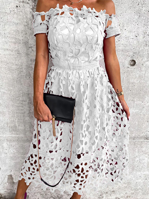 Rochii midi cu umăr dezactivat pentru femei, vară, cu mâneci scurte, fără spate, rochie scobită, la modă pentru femei, la birou, la rochie solidă