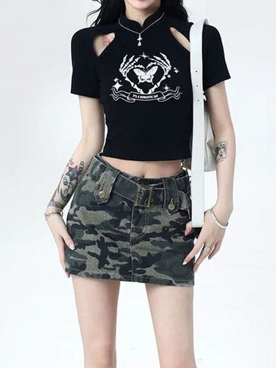 2023 noi femei camuflaj cu talie înaltă bodycon fustă A-line micro denim stil coreean S-XXL