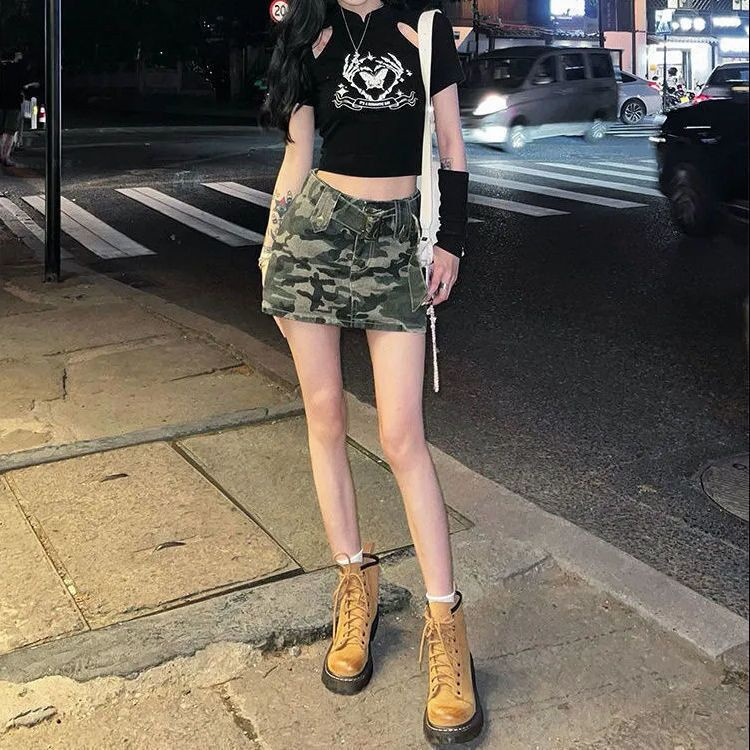 2023 noi femei camuflaj cu talie înaltă bodycon fustă A-line micro denim stil coreean S-XXL